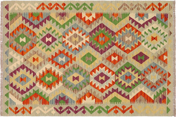 Flat Weave Kilim, Antique, Navaho, Vintage, Handmade, Geometric Kilim Blue Rust Hand-Woven Rectangle 100% Wool Area Rug 4 x 5